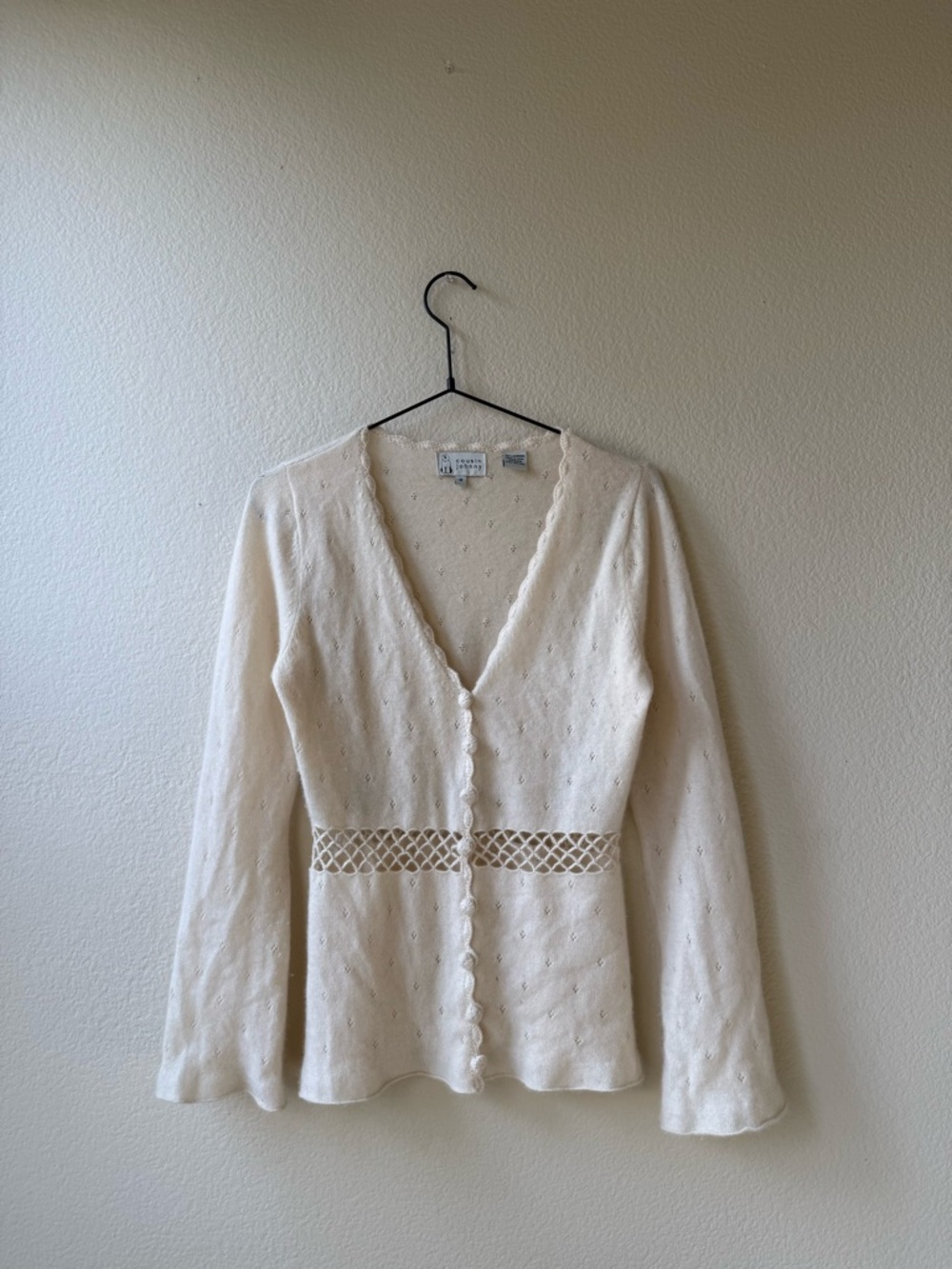 Cousin Johnny 100% Cashmere Cardigan M Ivory Lace Knit Button Front